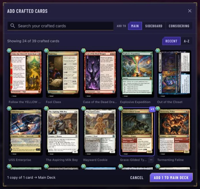 Adding crafted cards from a deck